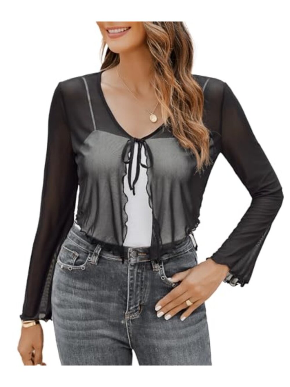 Sheer Mesh Tie Front Long Bell Sleeve Cropped Bolero Shrug Cardigan Lightweight